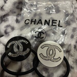 2 New CHANEL Black and White Crystal Hair Tie